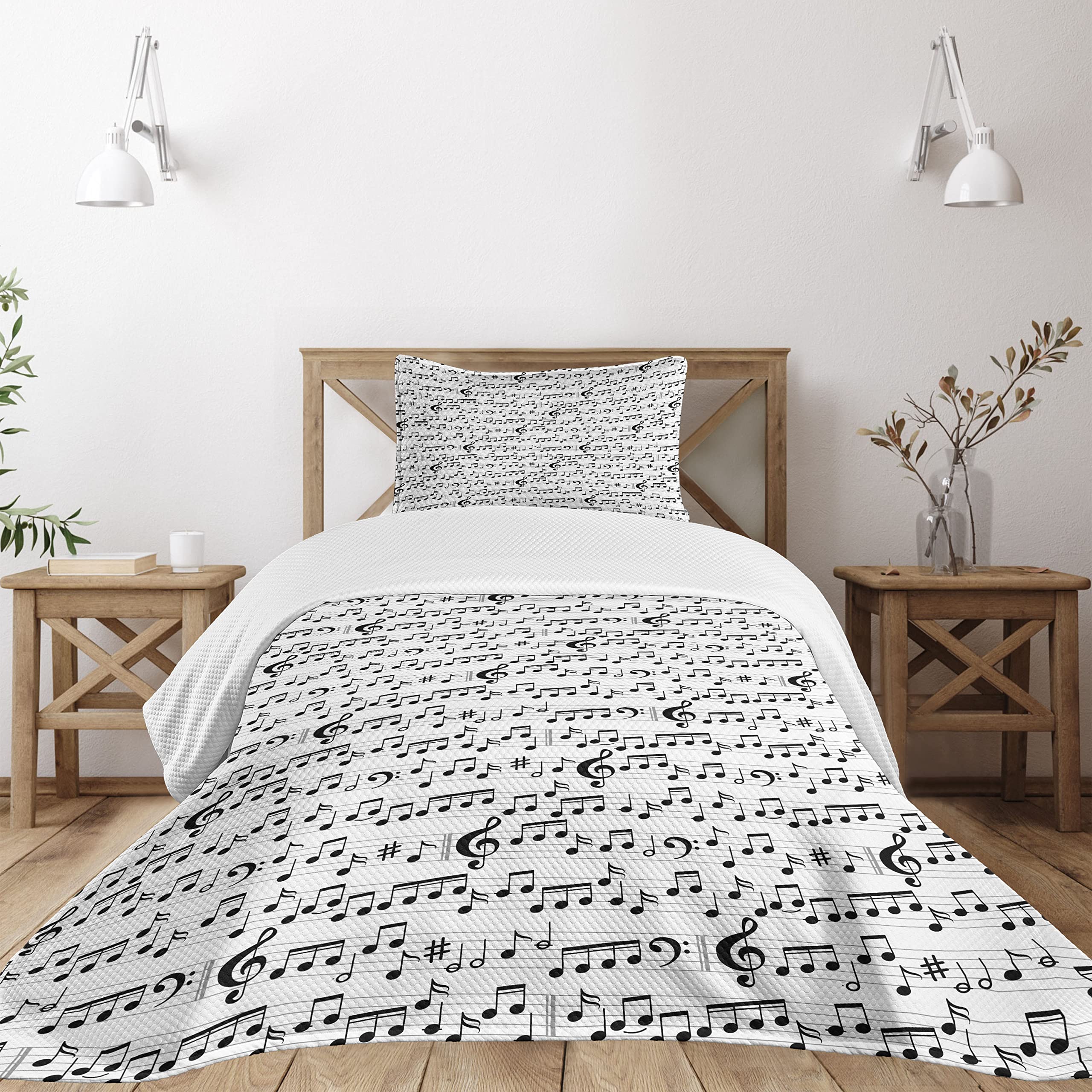 Ambesonne Music Bedspread, Abstract Style Professional Music Pattern with Notes and Clef Sheet Play Writing, Decorative Quilted 2 Piece Coverlet Set with Pillow Sham, Twin Size, White Dark Grey