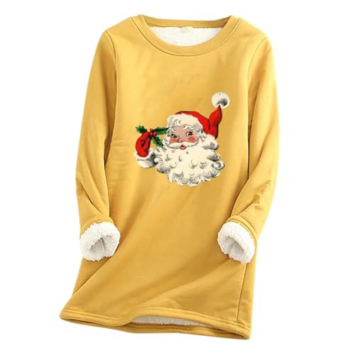 the deal Womens Cute Christmas Winter Warm Fuzzy Pullover Sweatshirt Warm Sherpa Lined Fleece Thermal Underwear Loungewear christmas sweater shirts for women Yellow 2X
