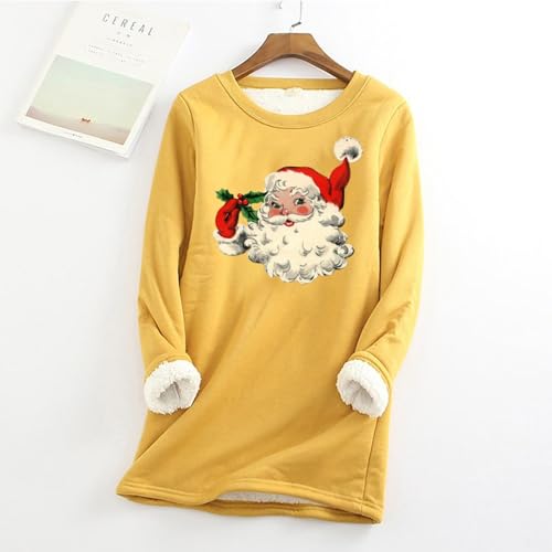 the deal Womens Cute Christmas Winter Warm Fuzzy Pullover Sweatshirt Warm Sherpa Lined Fleece Thermal Underwear Loungewear christmas sweater shirts for women Yellow 2X