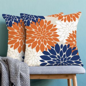 Fall Decor Pillow Covers 18x18 Inch Set of 2 Burnt Orange Navy Blue White Dahlia Floral Decor Throw Pillows Modern Geometry Flower Outdoor Decorative Cushion Cases for Sofa Couch Bed Decoration