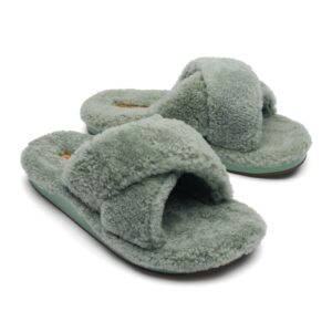 OLUKAI Hila Heu Women's Slipper, Women's Slip-On Shoes, Genuine Shearling, Wet Grip Soles for Inside & Outside Wear, Cute & Ultra-Soft Comfort Fit, Muted Green/Muted Green, 9