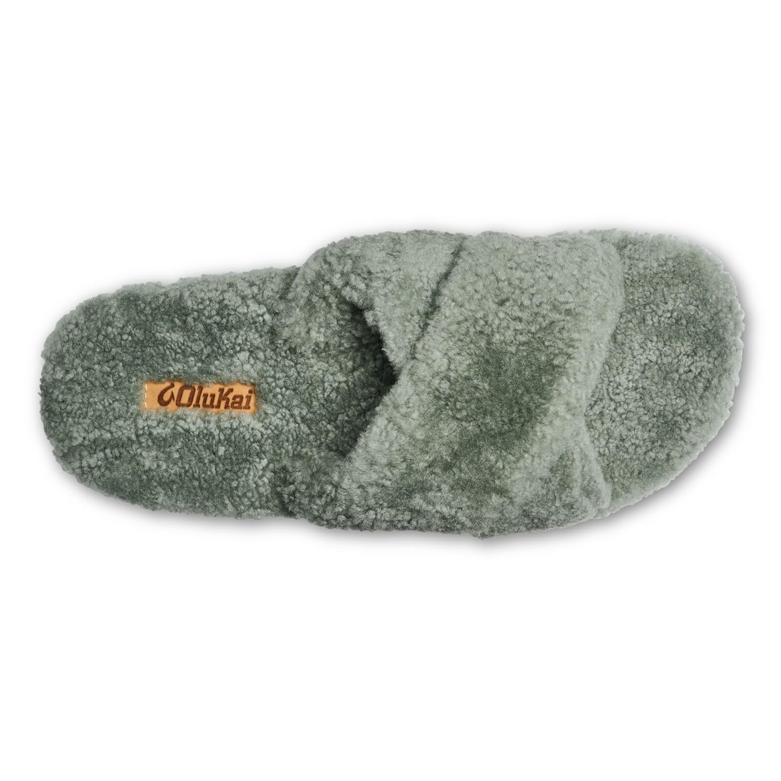 OLUKAI Hila Heu Women's Slipper, Women's Slip-On Shoes, Genuine Shearling, Wet Grip Soles for Inside & Outside Wear, Cute & Ultra-Soft Comfort Fit, Muted Green/Muted Green, 9