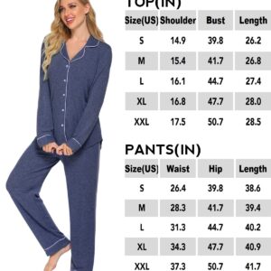 EkouaerWomen's Winter Warm Long Sleeve Sleepwear Soft Loungewear Nightwear 2 Piece Sleep Set (Dark Blue,S)