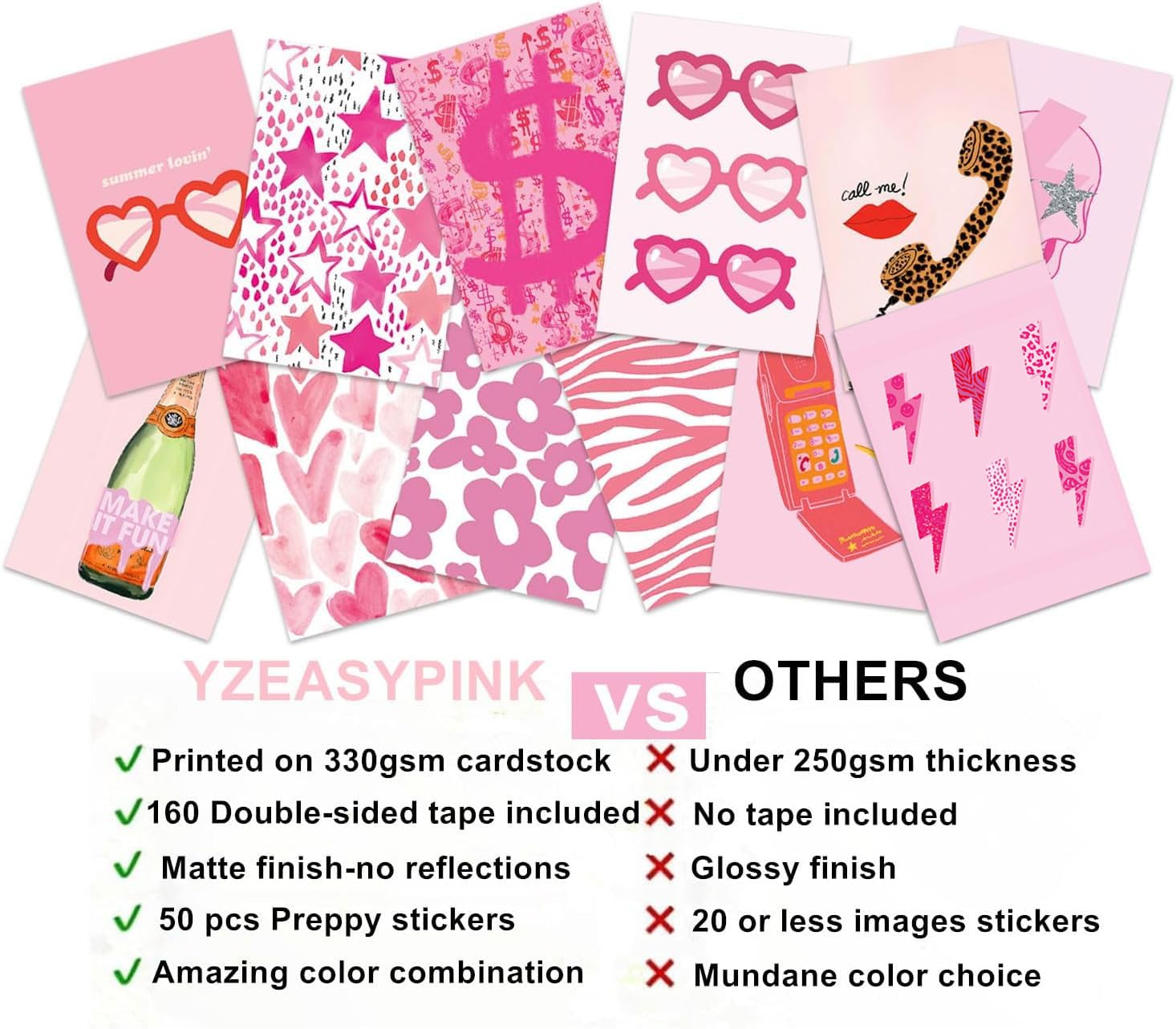 YZEASYPINK 120 Pcs Preppy Wall Collage Kit Aesthetic Pictures,Trendy Pink Photo Collage Kit,Preppy Room Decor Aesthetic,Preppy Things for Teen Girls,Cute Posters for posters for room aesthetic