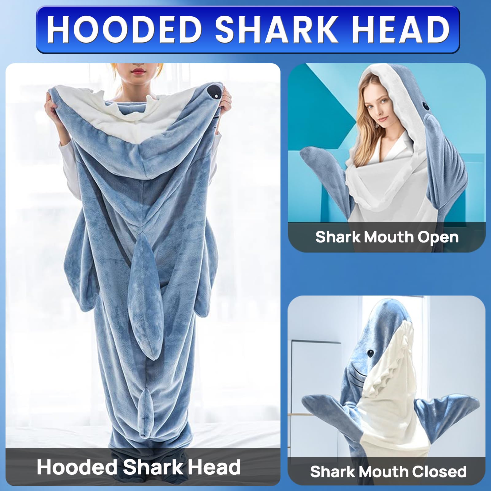 KoveYzao Shark Blanket Onesie for Adults, Wearable Shark Blanket Hoodie, Cozy Flannel Sleeping Bag, Cute and Funny One-piece Pajamas, One Size Fits All, Creative Gifts for Her/Him