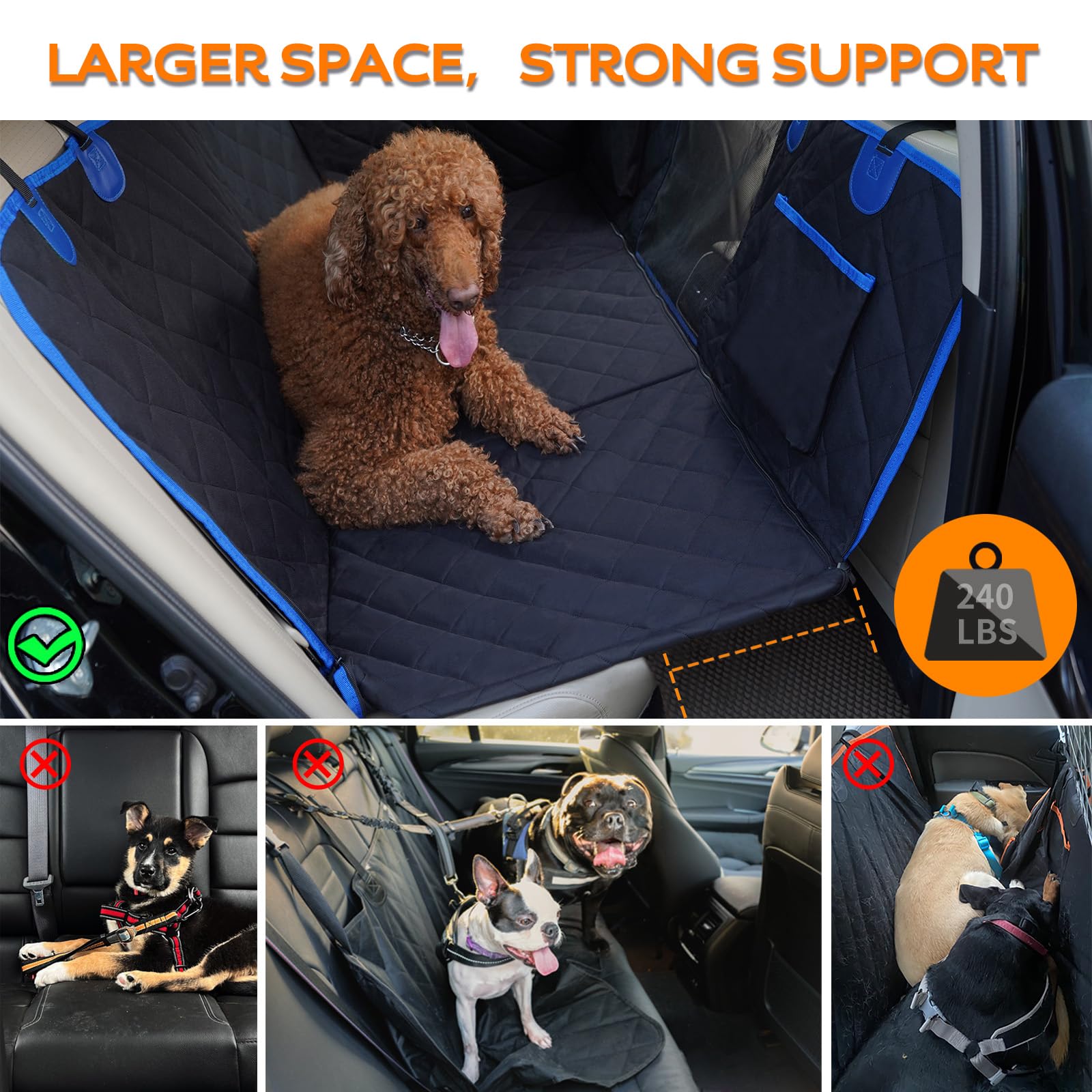 H HOH-Tech Back Seat Extender for Dogs,Hard Bottom Dog Car Seat Cover for Back Seat Bed,Anti-Scratch Dog Hammock for Car Travel,Backseat Portable Car Camping Pad for SUV Truck (Blue)