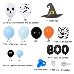 Blue Halloween Balloon Garland, Blue, Orange, Black Balloon Arch with BOO, Hat Foil Balloon, Bat Sticker for Halloween Boys Birthday, Baby Shower, Happy Boo Day, Halloween Gender Reveal