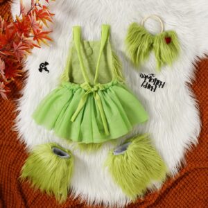 Toddler Baby Girl Christmas Heart Faux Green Fur Costume Tulle Tutu Romper Dress with Green Fuzzy Fur Leg Warmers Socks Green Headband Princess Party Xmas Holiday Outfit Clothes Green Red 4PCS 12-18 Months