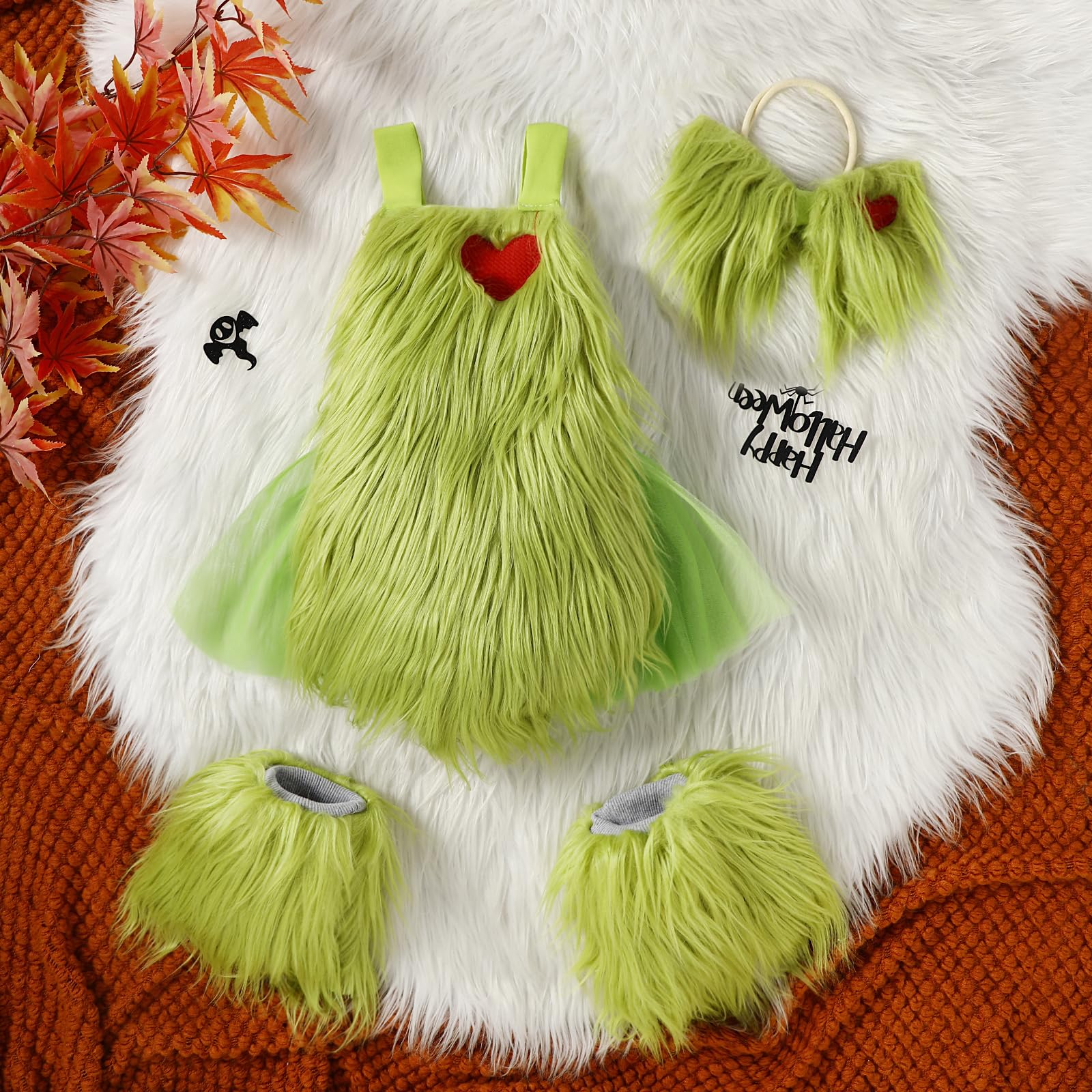 Toddler Baby Girl Christmas Heart Faux Green Fur Costume Tulle Tutu Romper Dress with Green Fuzzy Fur Leg Warmers Socks Green Headband Princess Party Xmas Holiday Outfit Clothes Green Red 4PCS 12-18 Months