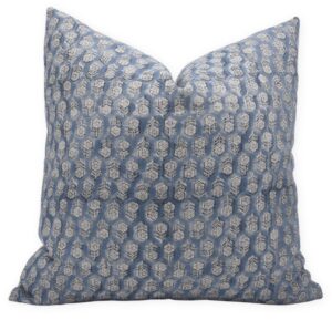 fabritual block print thick linen 20x20 throw pillow covers, handmade vintage pillow covers for sofa and couch, floral print outdoor cushion cover with boho home decor (tulsi buti, blue)