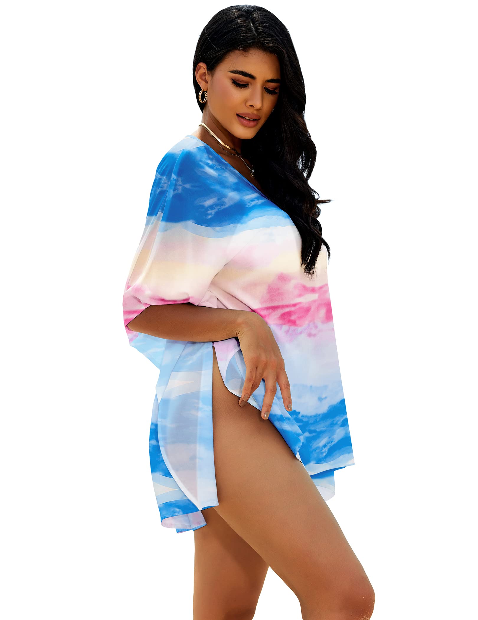 Ekouaer Tie-dye Women's Swimsuit Cover Ups Shirt V-Neck Bathing Suit Coverups Dress Bikini Beachwear