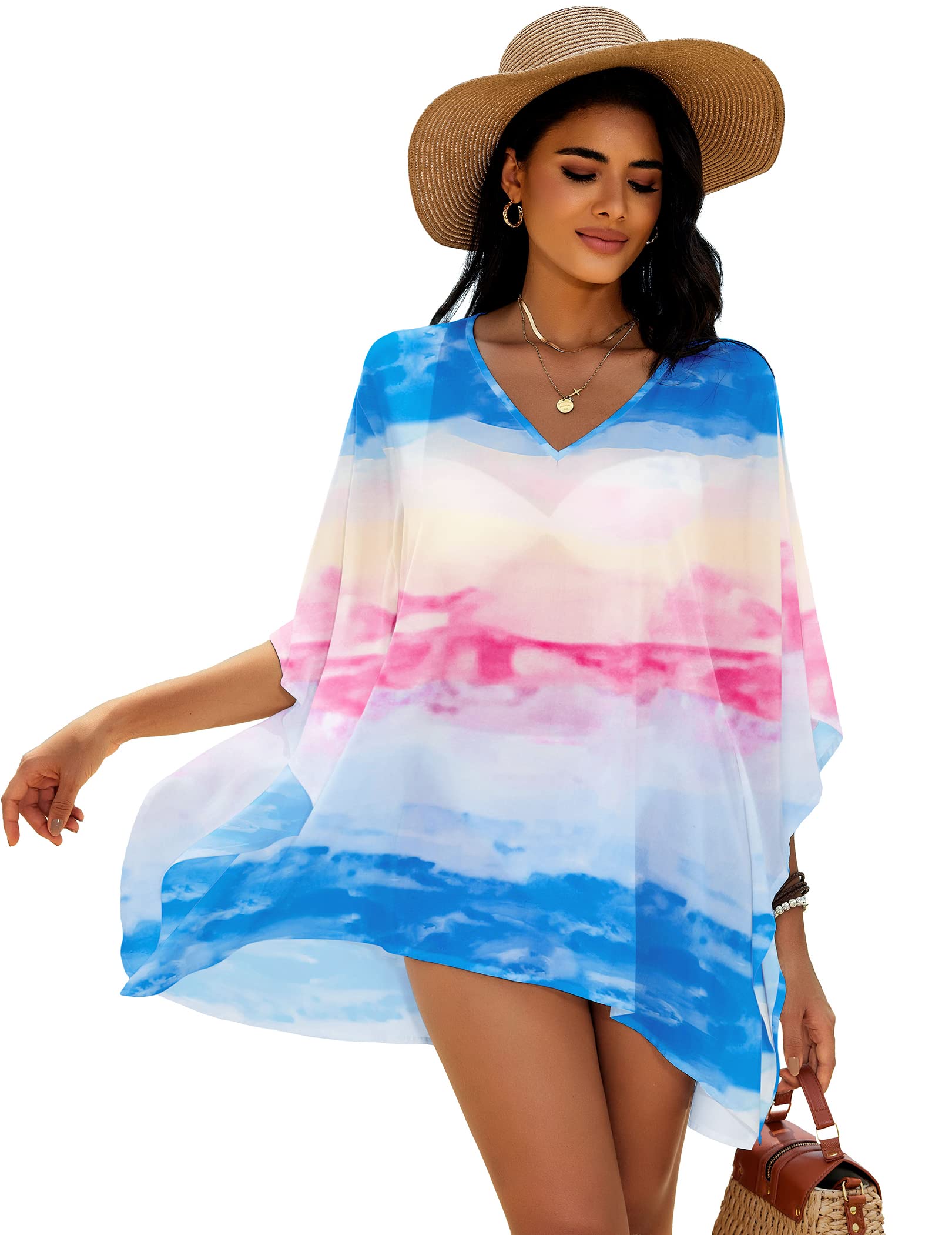 Ekouaer Tie-dye Women's Swimsuit Cover Ups Shirt V-Neck Bathing Suit Coverups Dress Bikini Beachwear