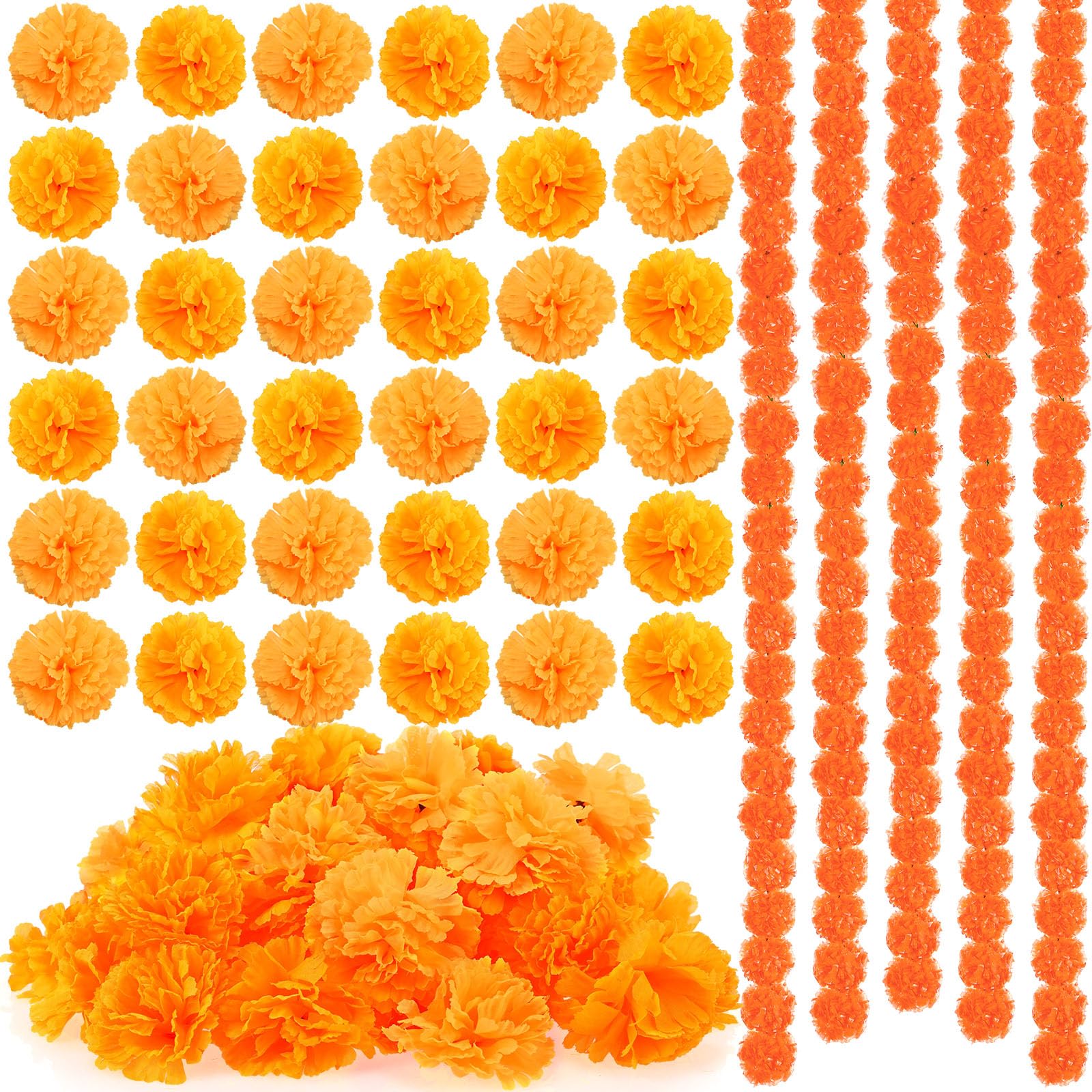 Yunsailing 65 Pcs Day of The Dead Decorations 5 Pcs 5 ft Artificial Marigold Garland 60 Pcs Faux Marigold Flower Heads Plastic Indian Garland Silk Indian Flowers for Decoration Diwali (Orange)