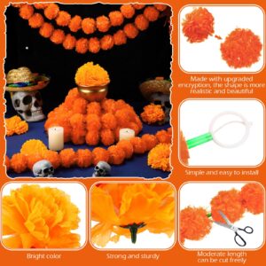 Yunsailing 65 Pcs Day of The Dead Decorations 5 Pcs 5 ft Artificial Marigold Garland 60 Pcs Faux Marigold Flower Heads Plastic Indian Garland Silk Indian Flowers for Decoration Diwali (Orange)