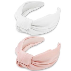 atoden knotted headbands for women 2pcs top knot headbands head bands for women's hair wide headbands non slip satin silk hair bands white headband pink headband hair accessories gifts