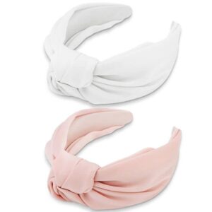 Atoden Knotted Headbands for Women 2Pcs Top Knot Headbands Head Bands for Women's Hair Wide Headbands Non Slip Satin Silk Hair Bands White Headband Pink Headband Hair Accessories Gifts