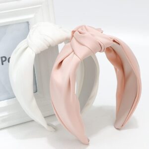 Atoden Knotted Headbands for Women 2Pcs Top Knot Headbands Head Bands for Women's Hair Wide Headbands Non Slip Satin Silk Hair Bands White Headband Pink Headband Hair Accessories Gifts
