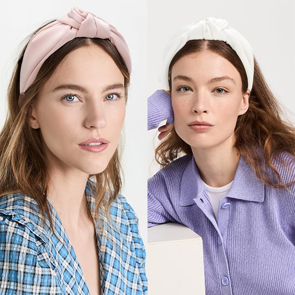 Atoden Knotted Headbands for Women 2Pcs Top Knot Headbands Head Bands for Women's Hair Wide Headbands Non Slip Satin Silk Hair Bands White Headband Pink Headband Hair Accessories Gifts