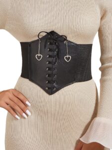 verdusa women's costume belt vintage lace up wide waistband pu leather punk corset metal heart black m