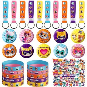 desmilo Super Cat Birthday Party Supplies,80pcs Super Cat Birthday Party Favors Includes 10 Cute Kitties Party Decorations Bracelets, 10 Cute Kitties Keychains, 10 Badge and 50 Stickers