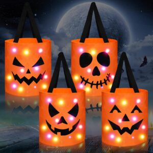 yaomiao 4 pcs led light halloween trick or treat bags halloween candy bags light up goodie bags light up candy bags multipurpose reusable goody bucket for kids halloween party supplies (orange)