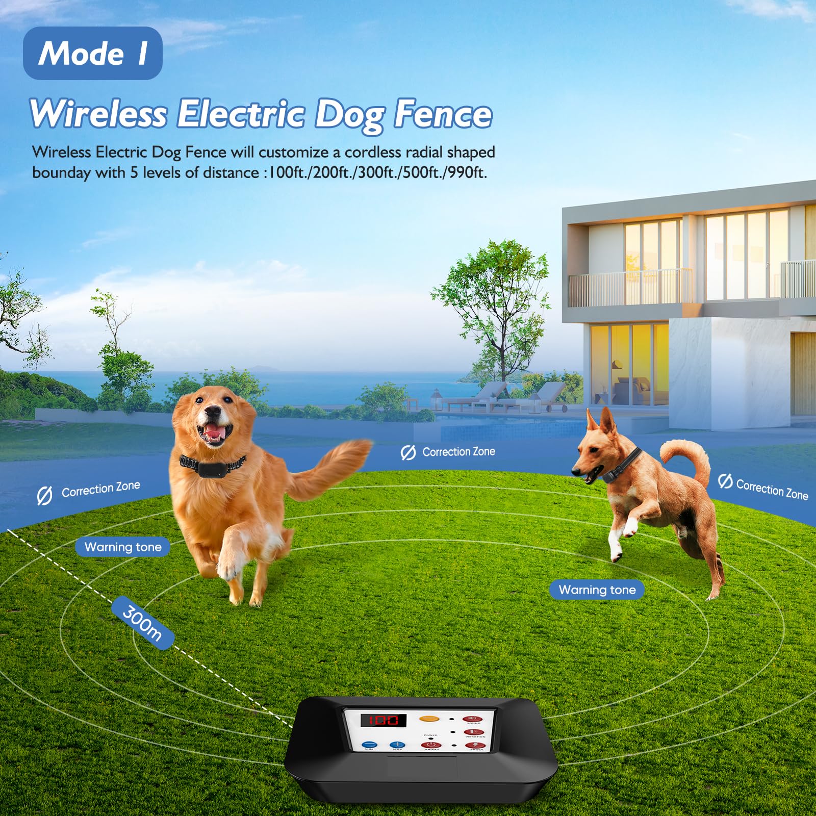 Wireless Dog Fence System, Electric Dog Fence for 2 Dogs & Remote Trainer, Portable Dog Perimeter Fence Wireless, Adjustable Pet Training Collar Receiver for The Yard, Harmless for Medium Large Dogs