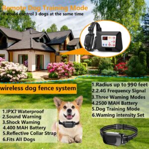 HEXIEDEN Wireless Dog Fence,Pet Containment System,Electric Dog Training Collar with Remote Dog Boundary System,Reflective Stripe,Waterproof,Adjustable Range,Harmless,for 1 2 3 Dogs,for3dogs