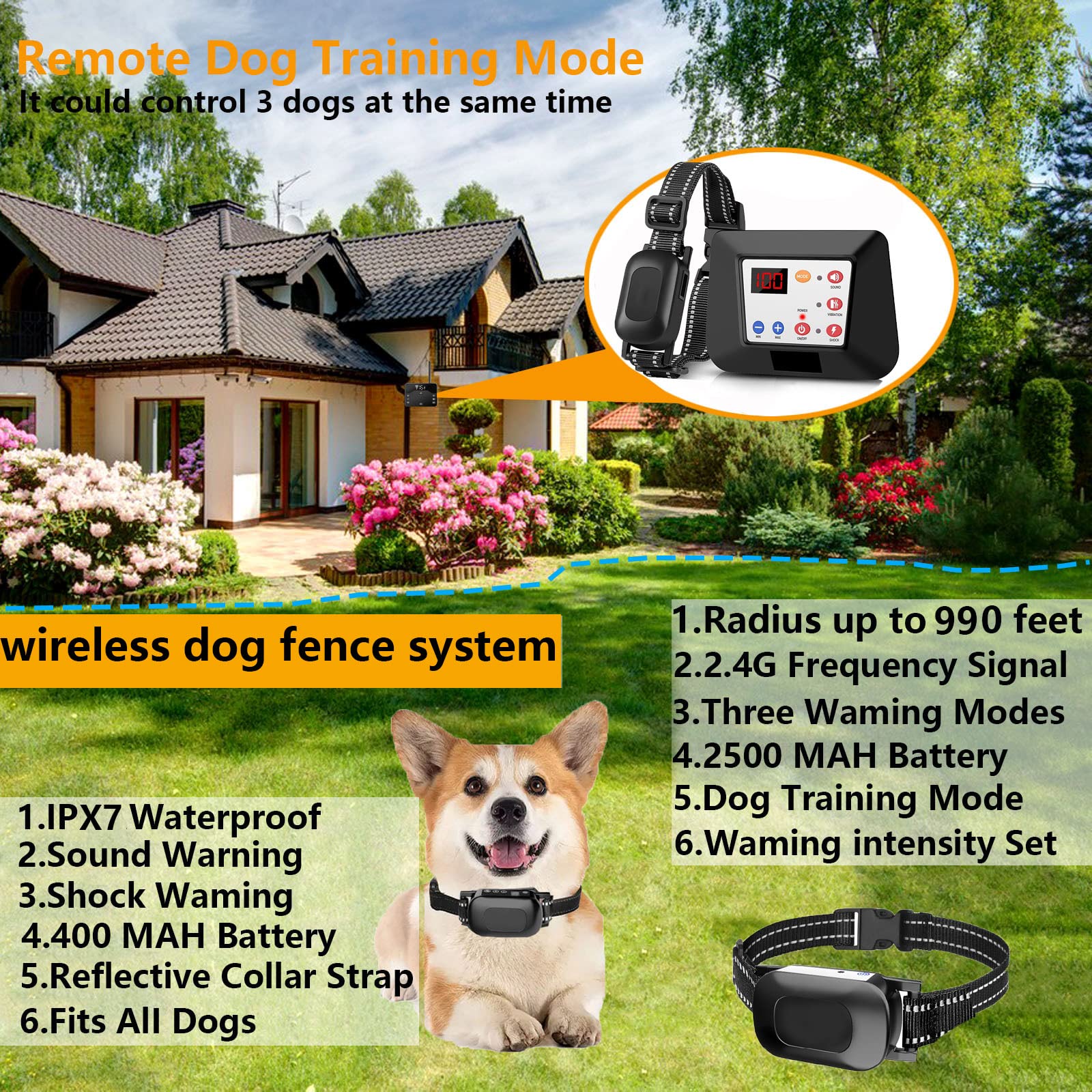 HEXIEDEN Wireless Dog Fence,Pet Containment System,Electric Dog Training Collar with Remote Dog Boundary System,Reflective Stripe,Waterproof,Adjustable Range,Harmless,for 1 2 3 Dogs,for3dogs