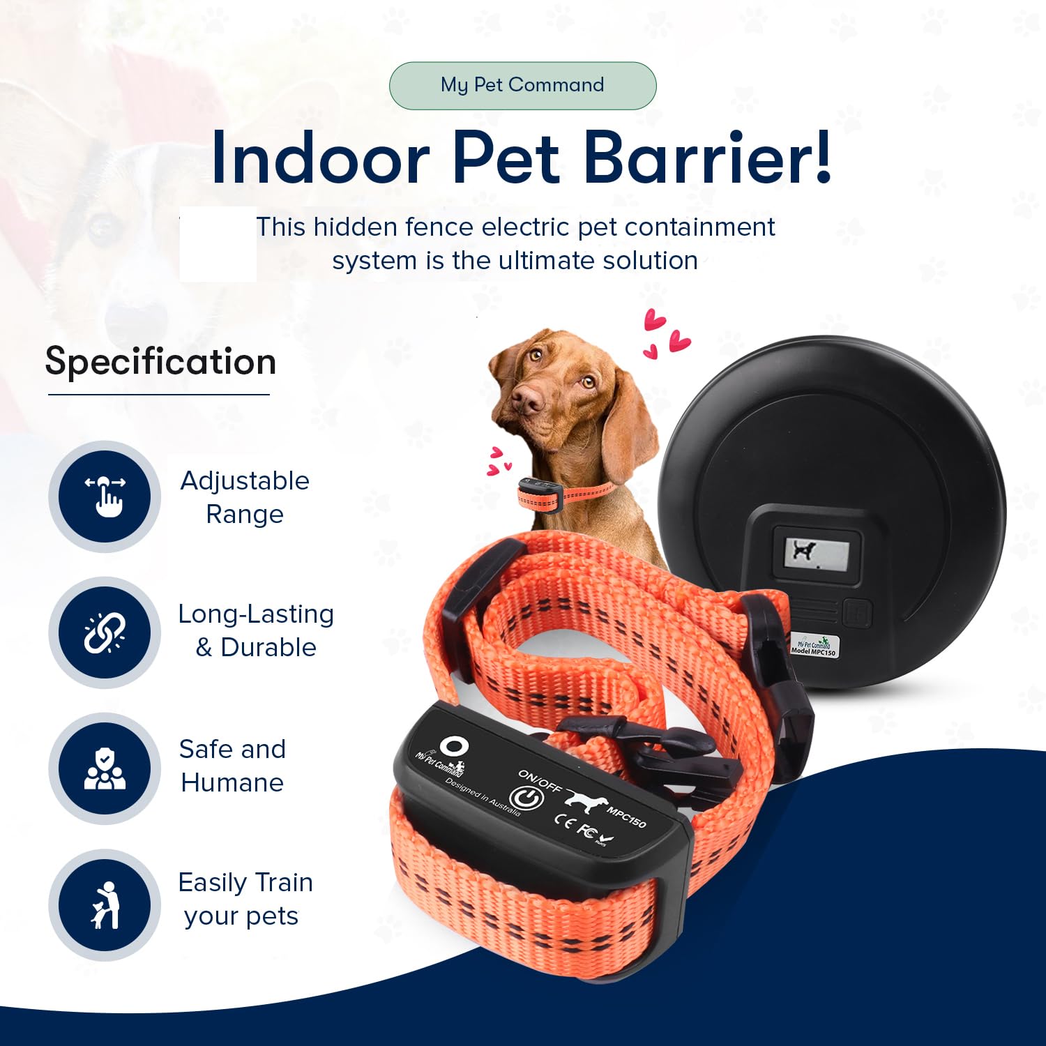 My Pet Command, Indoor Pet Barrier with Adjustable Range, Static and Tone Correction, Hidden Fence for Dogs Containment Collar, Wireless Pet Gate Keeps Areas Off Limits, Rechargeable Collars