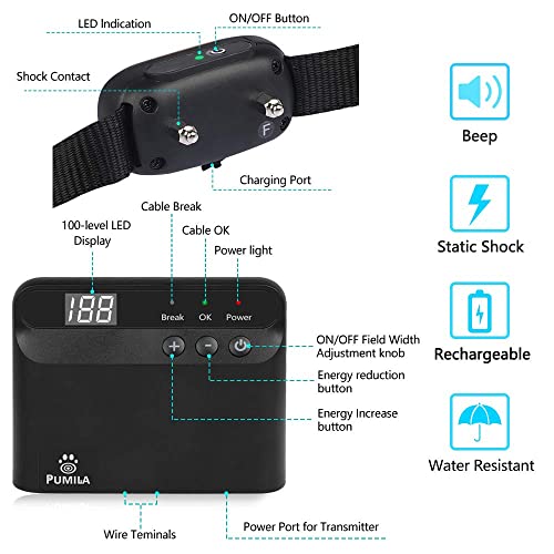 PcEoTllar Electric Fence for Dogs, Rechargeable Underground Dog Fence System, Pet Containment System, 1 Waterproof Collar Receivers, with 656Ft Underground/Aboveground Boundary Wire