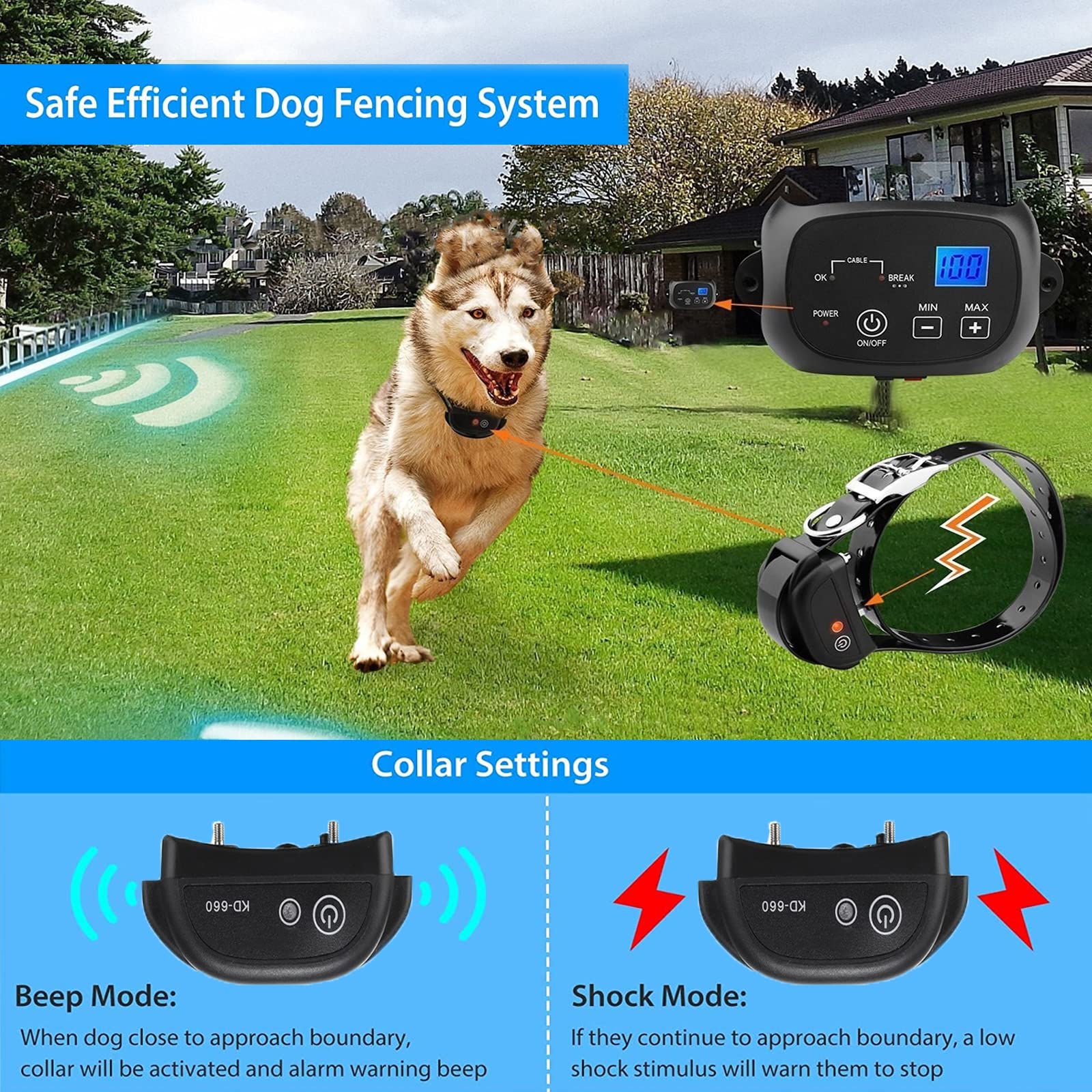 HEXIEDEN Electric Dog Fence,Aboveground Safe Pet Containment System,with 656Ft Underground Boundary Wire & Waterproof Training Collar,Shock/Tone Correction,for 1 2 3 Dog,for2dogs