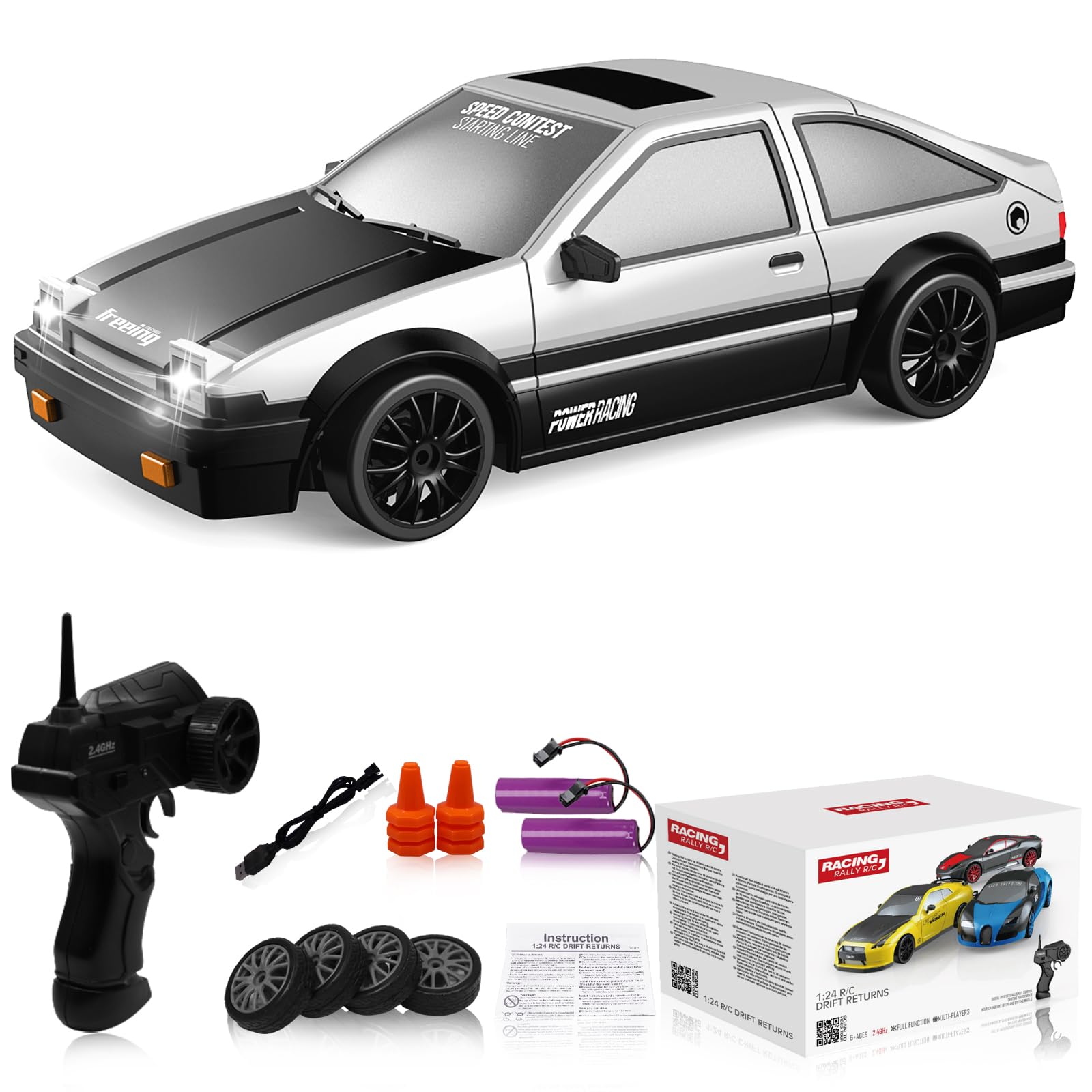 Remote Control Car RC Drift Car 2.4GHz 1:24 Scale 4WD 15KM/H High Speed Model Vehicle with LED Lights Drifting Tire Racing Sport Toy Car for Adults Boys Girls Kids Gift 2Pcs Rechargeable Batteries