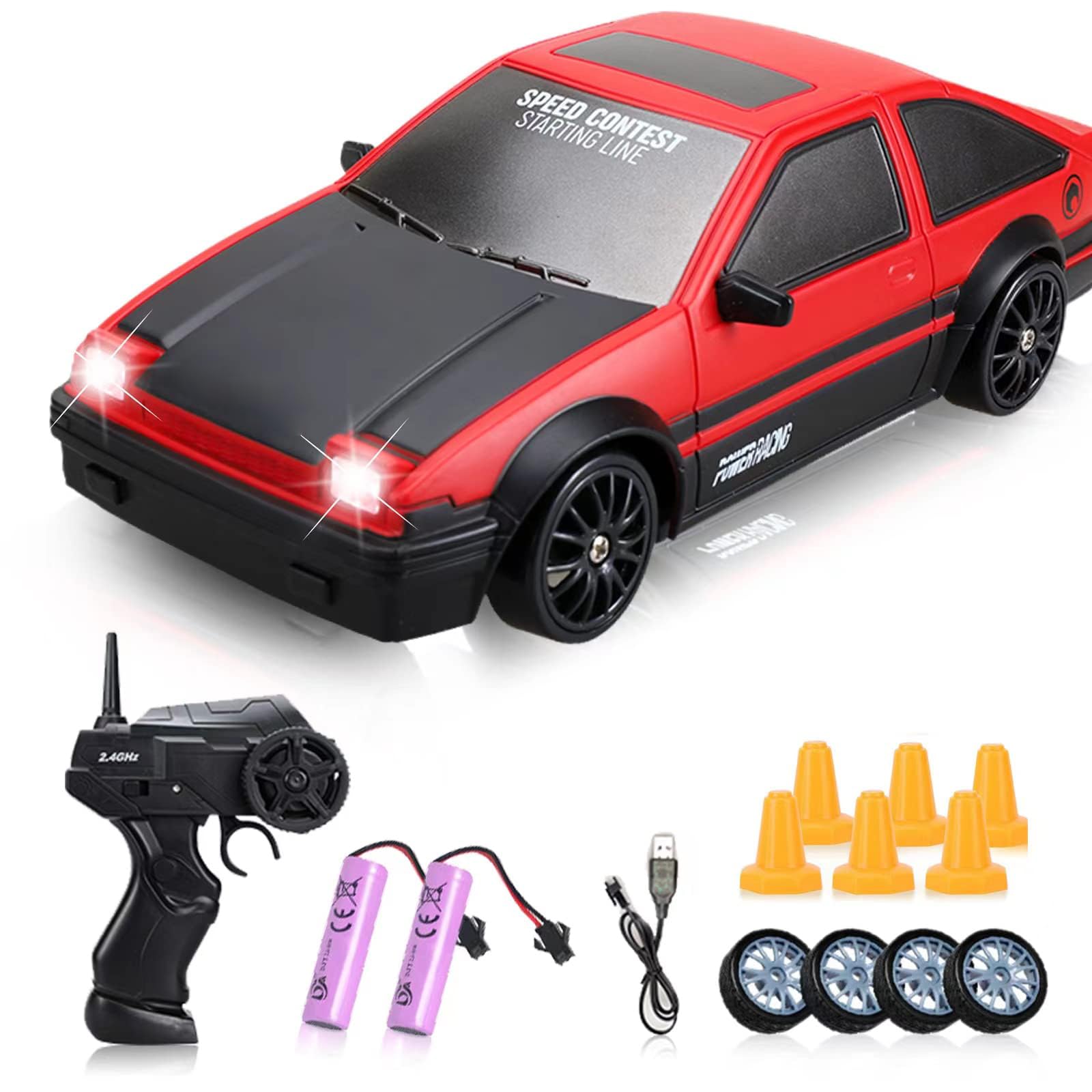 YUAN PLAN RC Drift Car, 1:24 Remote Control High Speed Race Drifting Cars, 2.4GHz 4WD Electric Sport Racing Hobby Toy Car with Two Batteries Headlight for Boys and Girls Teens and Adults Gift (Red)