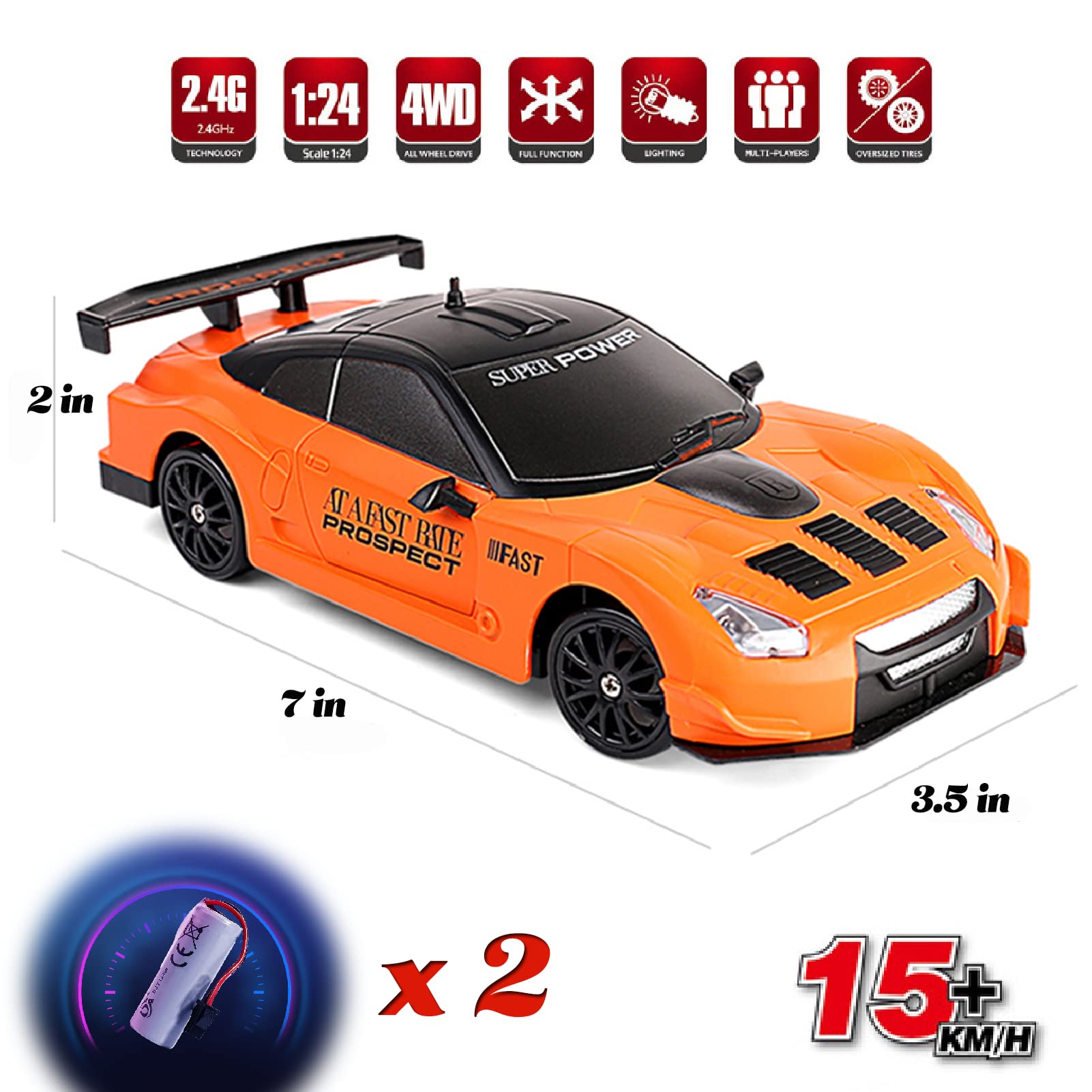 YUAN PLAN RC Drift Car, 1:24 Remote Control High Speed Race Drifting Cars, 2.4GHz 4WD Electric Sport Racing Hobby Toy Car with Two Batteries Headlight for Boys and Girls Teens and Adults Gift (Red)