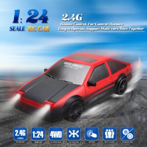 YUAN PLAN RC Drift Car, 1:24 Remote Control High Speed Race Drifting Cars, 2.4GHz 4WD Electric Sport Racing Hobby Toy Car with Two Batteries Headlight for Boys and Girls Teens and Adults Gift (Red)