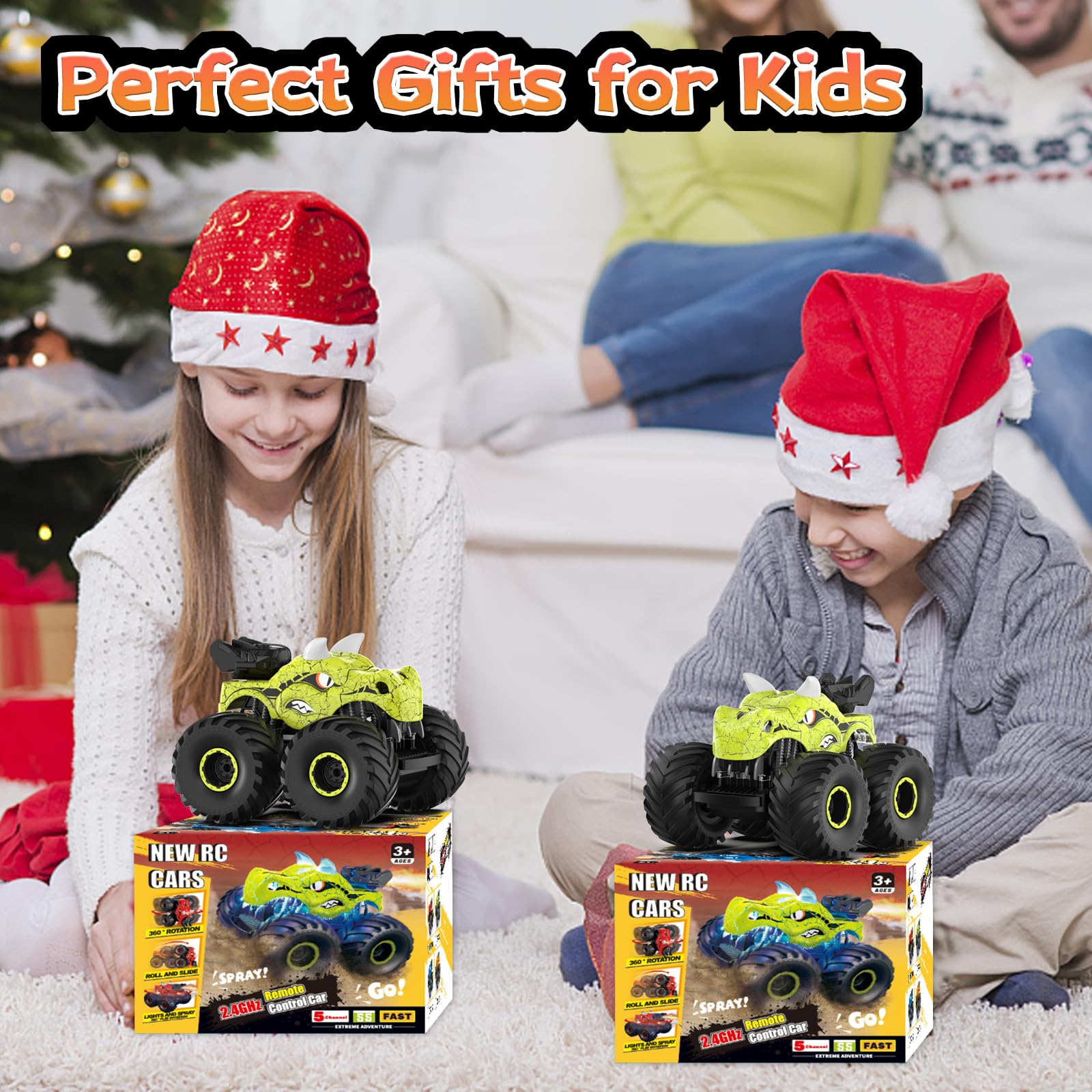 ScharkSpark Dinosaur Remote Control Car, 2.4GHz Monster Trucks for Boys Girls with Light, Sound & Spray, Dinosaur Toys Gift for Kids 3 4 5 6 7 8, All Terrain RC Cars for Toddlers with 2 Batteries