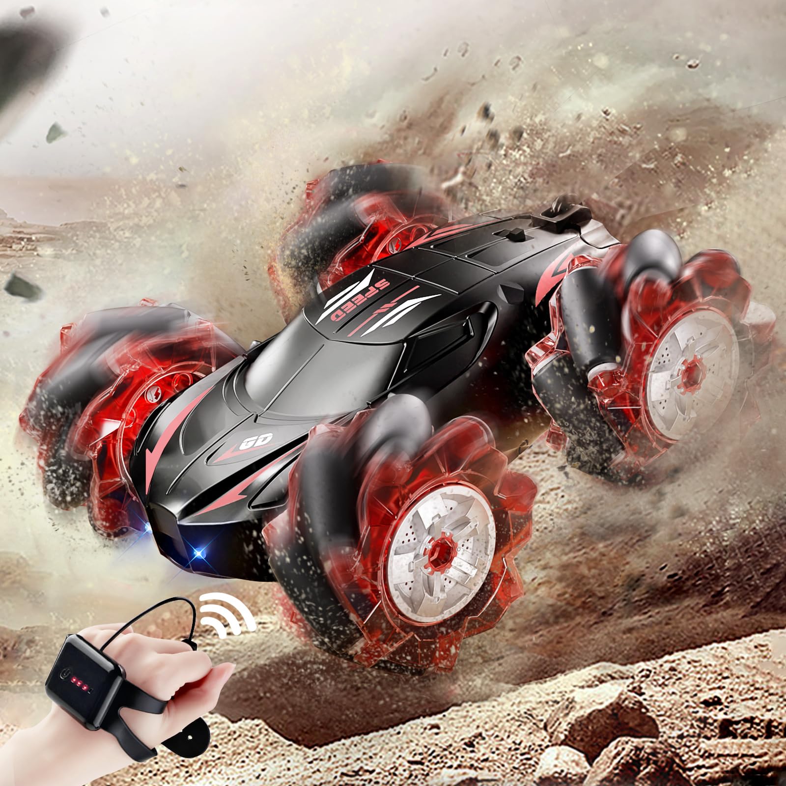 Jovow RC Stunt Car, 2.4GHz 4WD Gesture Sensing Remote Control Car with Cool Light and Music, Double-Sided 360° Flips RC Cars for Boys Age 6-12 8-12 Birthday Gifts Toy Cars(Red)