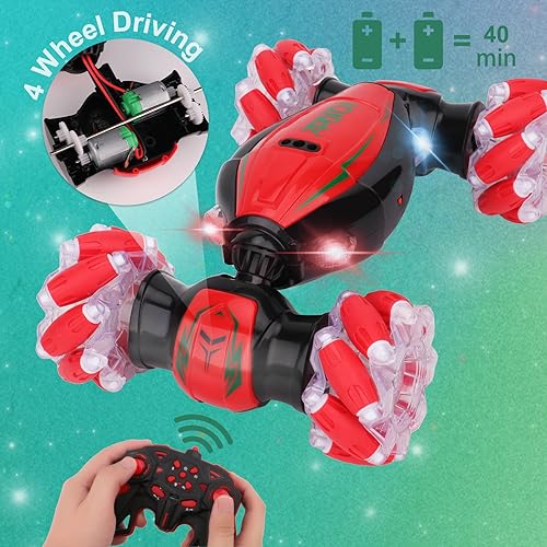 IQKidz Gesture Sensing RC Stunt Car - Christmas Red, Best Birthday Gifts for Kids 6-12, Hand Remote Control Double Side Twist Cars Toys with Light Music, 4 WD Drift Off Road for Rotation