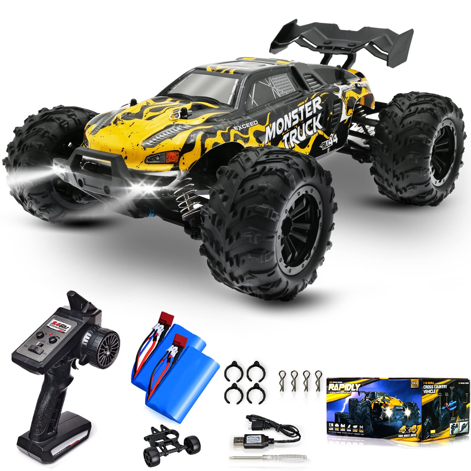 RC Cars 1/16 Remote Control Car RC Monster Trucks, Sakeye 4WD 2.4 GHz High Speed Racing Car 40Km/h All Terrains Off Road Truck with Head-up Wheel LED Headlight 2 Rechargeable Batteries for Kids Adults