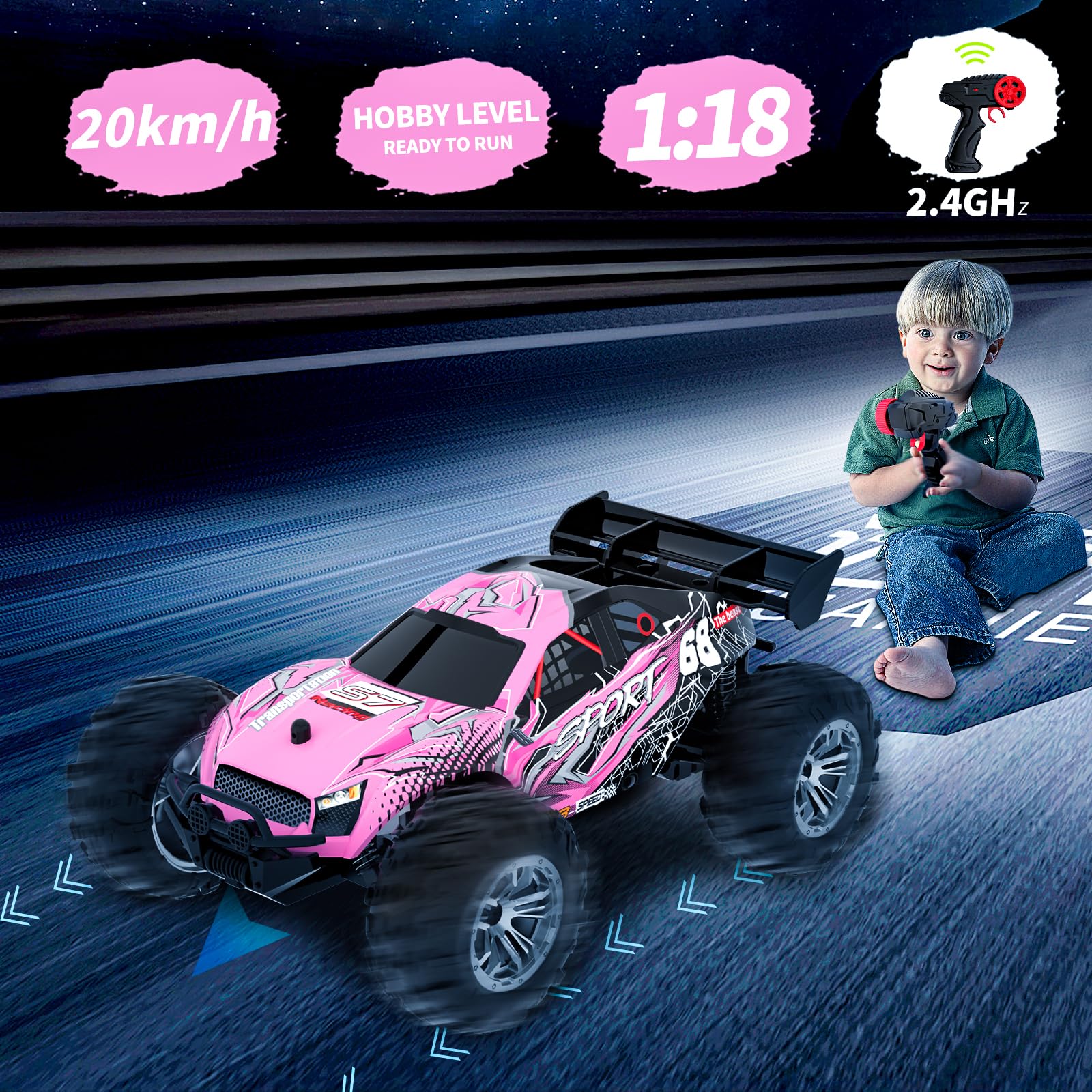 TURCGUO Remote Control Car for Girl Toddler Toy,1:18 2WD Pink All Terrain Fast Electric Race Boy Gift Off Road 20km/h 2.4GHz Radio RC Monster Truck Boy with 2 Rechargeable Batteries