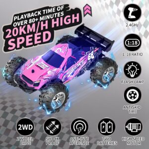 TURCGUO Remote Control Car for Girl Toddler Toy,1:18 2WD Pink All Terrain Fast Electric Race Boy Gift Off Road 20km/h 2.4GHz Radio RC Monster Truck Boy with 2 Rechargeable Batteries