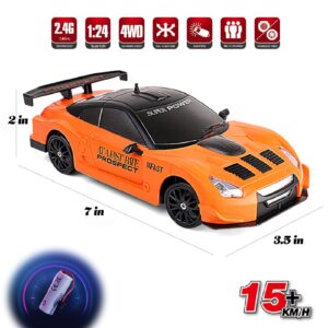 YUAN PLAN Remote Control Car, 1/24 2.4GHz 4WD RC Drift Car High Speed RC Cars with Cool Lights, Rechargeable Battery and Extra Tires Birthday Gifts for Kids (Grey)