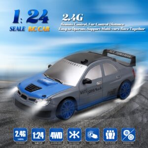 YUAN PLAN Remote Control Car, 1/24 2.4GHz 4WD RC Drift Car High Speed RC Cars with Cool Lights, Rechargeable Battery and Extra Tires Birthday Gifts for Kids (Grey)