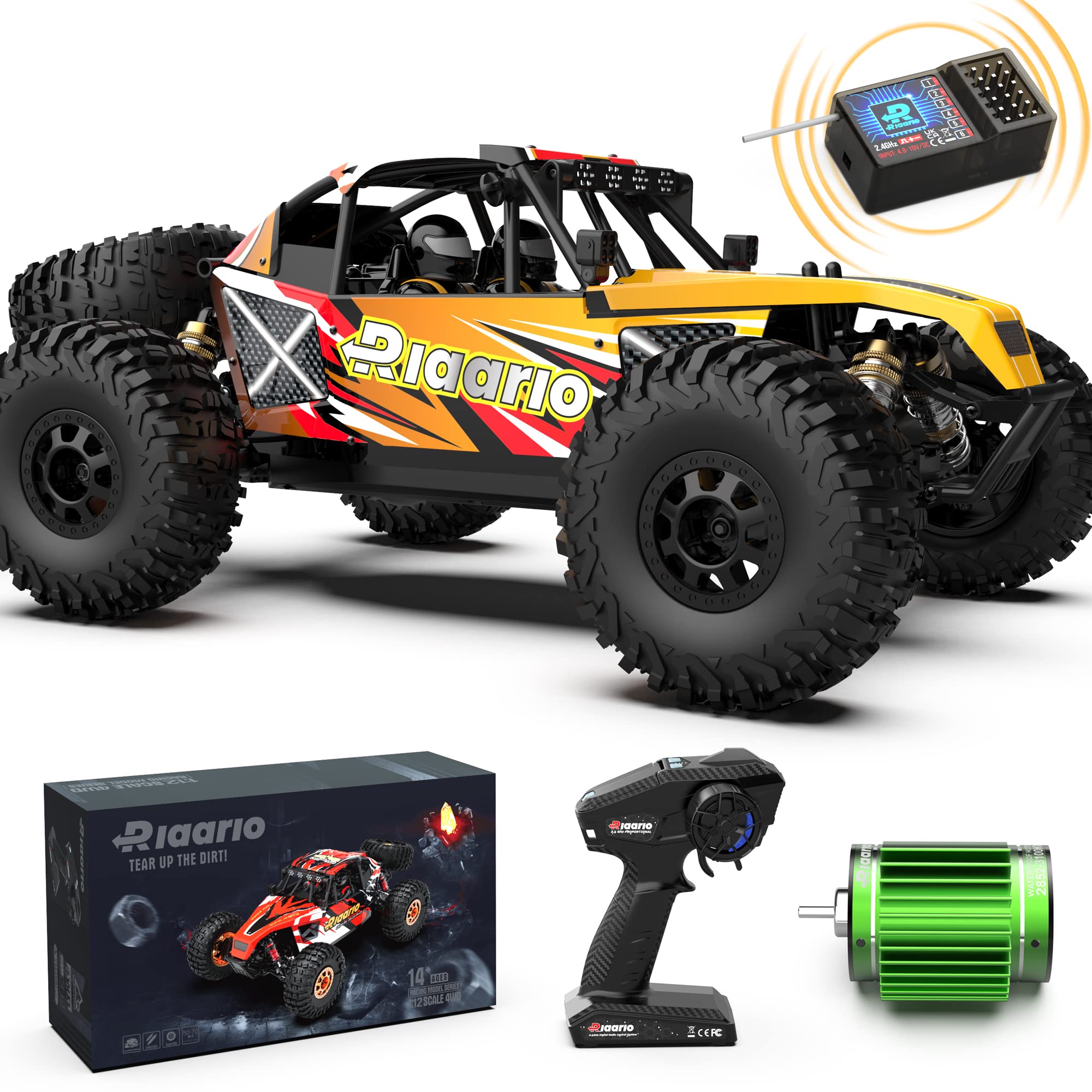 RIAARIO 1:12 RTR Brushless RC Desert Cars for Adults, Max 45MPH Fast RC Cars, Monster Truck with Independent ESC, 4X4 RC Truck for Boys, All Terrain Remote Control Car with Oil Filled Shocks(Yellow)
