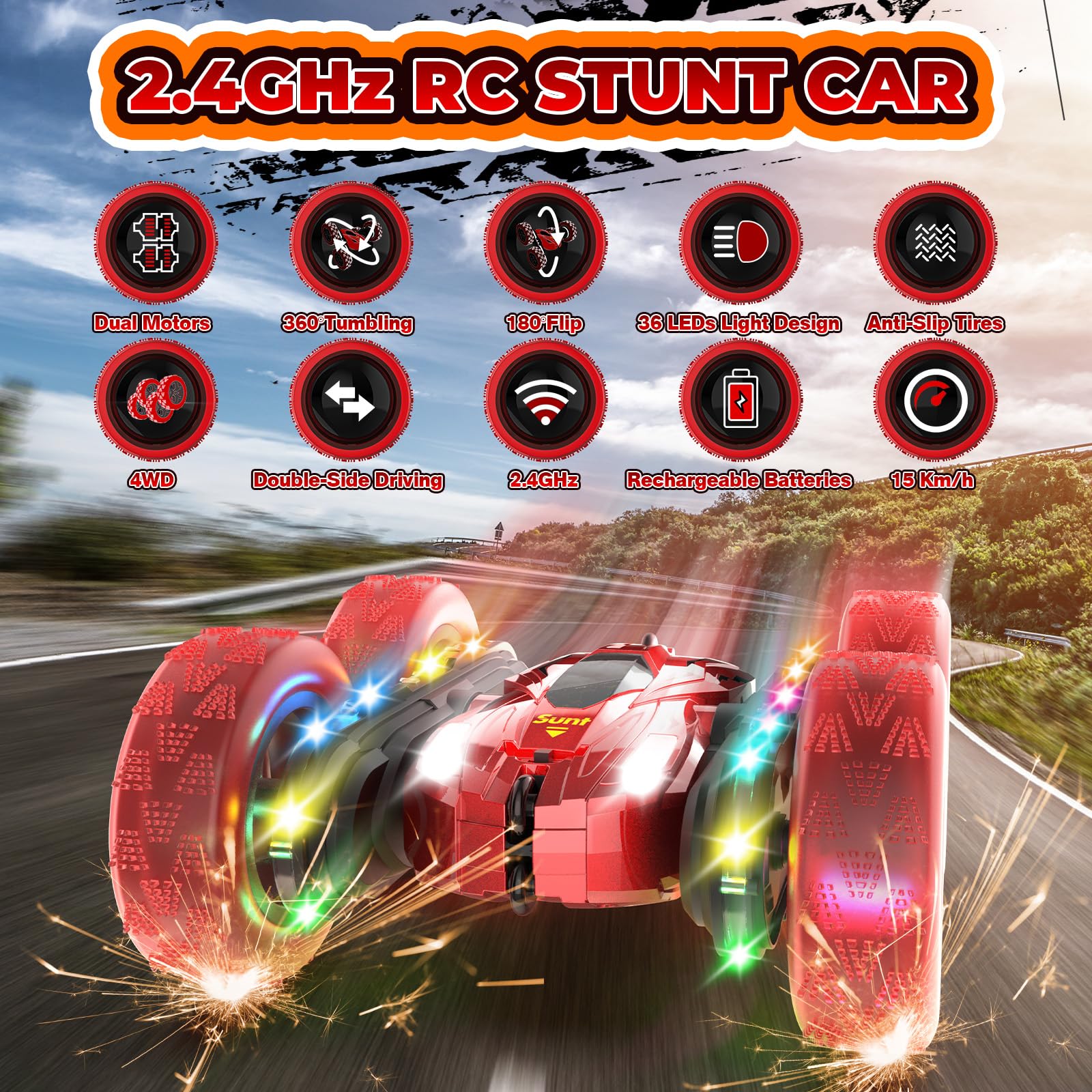 QMUNST Remote Control Car, Rc Cars with Flowing Lights, Wheel Lights and Headlights, 2.4GHZ 4WD Fast Rc Car, 360° Flips Double Sided Driving Race Car, Rc Drift Cars for Boys Girls Birthday Gift