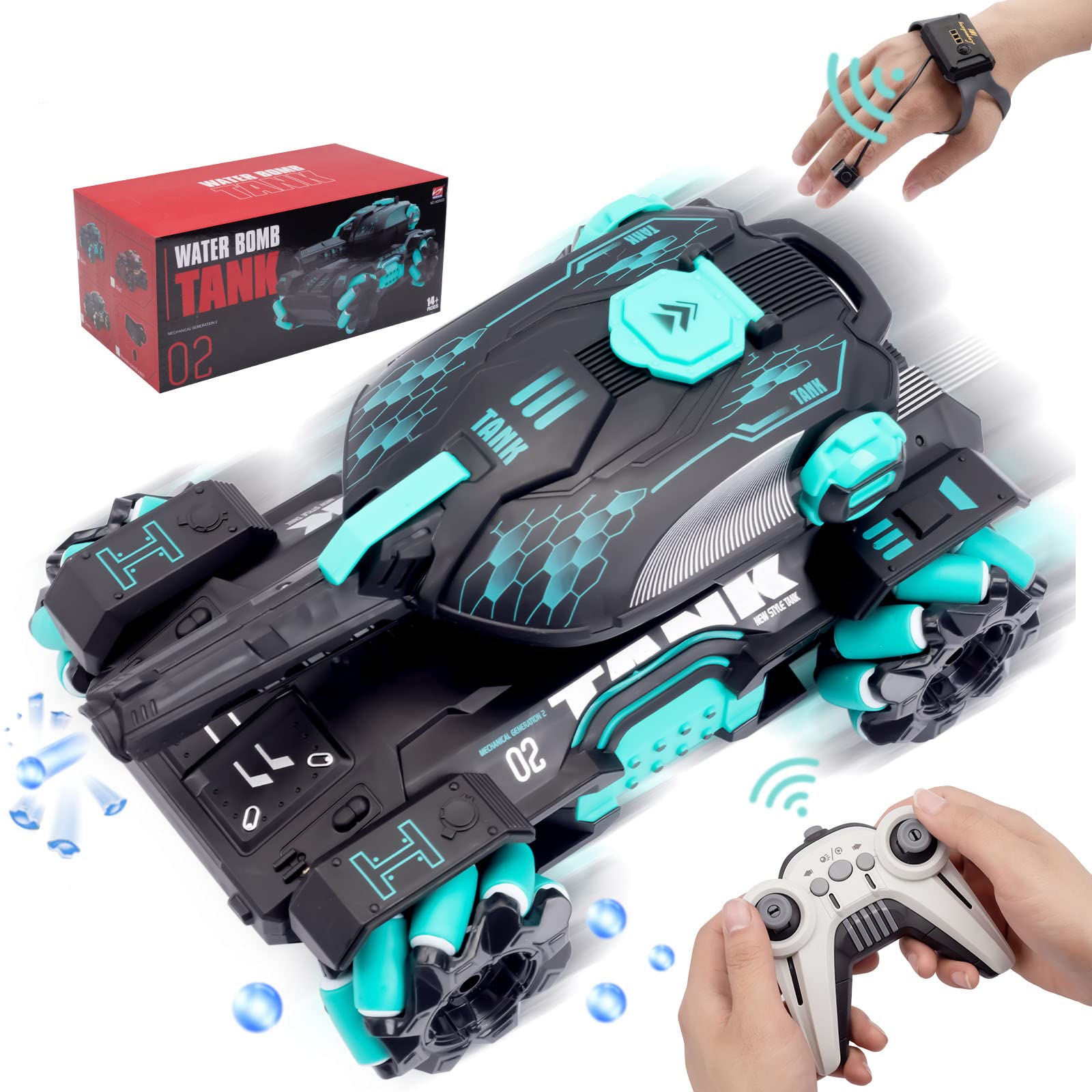 Bindove RC Stunt Tank with Light, Watch Gesture Sensor RC Tank Toy, 360 Rotation Remote Control Stunt Car Shooting Water Bullets, Gifts for Children (Black and Cyan)