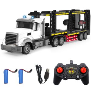 fistone rc transporter truck, 1:24 mini semi truck toy with 2 rechargeable batteries, remote control construction vehicles with lights, carrier car truck vehicle toy for 6+ years boys girls