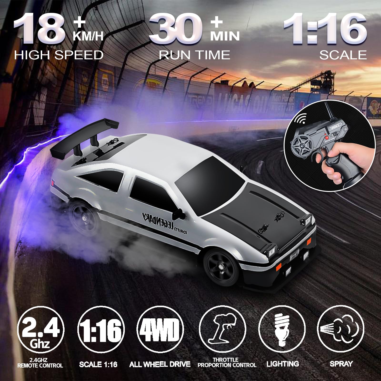 Remote Control Car RC Drift Car 1:16 Scale 4WD 18KM/H High Speed Model Vehicle 2.4GHz with LED Lights Spray Rubber Tire Racing Sport Toy Car for Adults Boys Girls Kids Gift 2Pcs Rechargeable Batteries