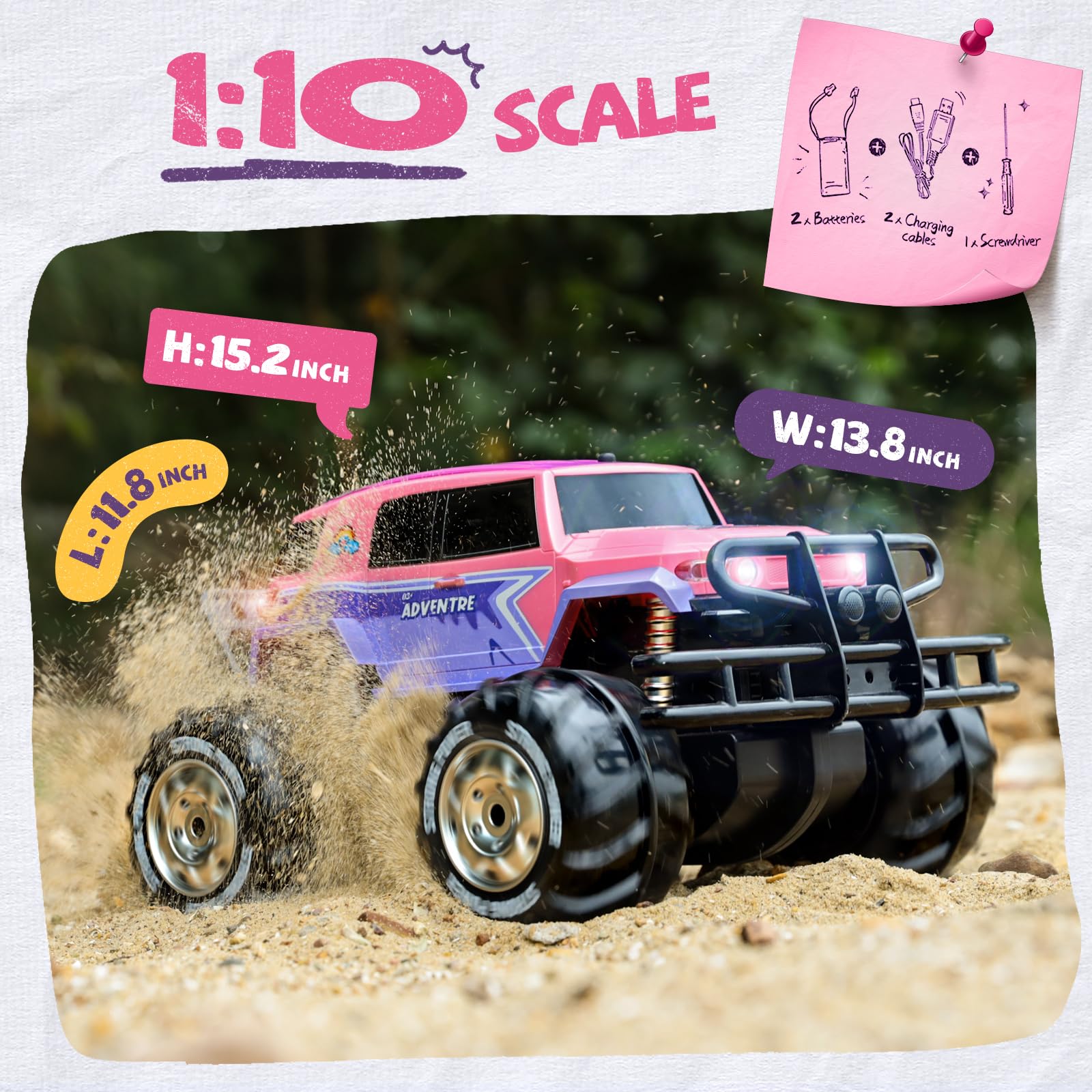 Ruko 1601AMP3 Amphibious RC Truck for Girls, IPX6 Warterproof Monster Truck, 1:10 Large Remote Control Car for All Terrain, 2 Rechargeable Batteries for 50 Min Fun Time, Gifts for Kids