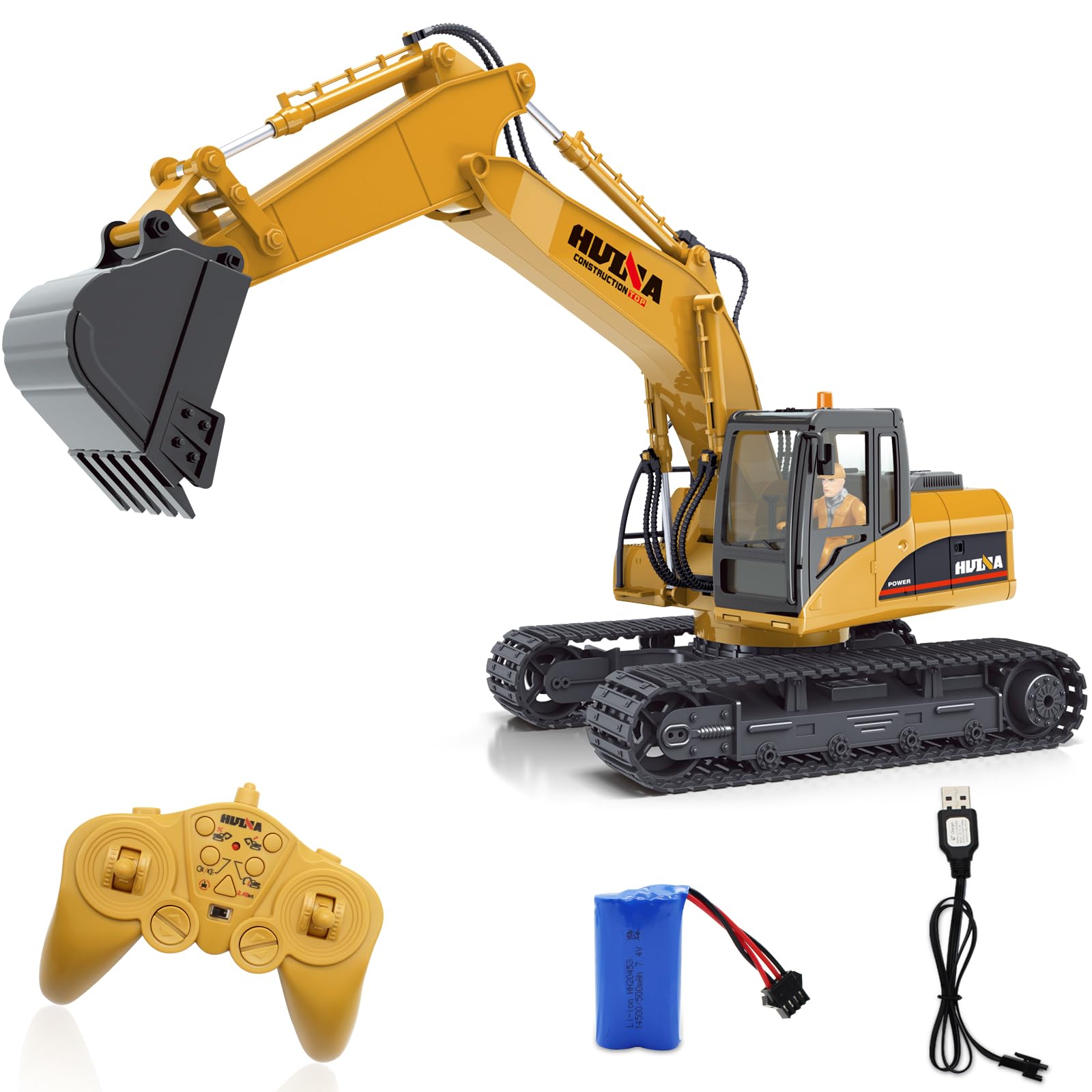 fisca Remote Control Excavator RC Construction Vehicles 15 Channel 2.4G Full Function Digger Toys with Metal Shovel Sound and Lights